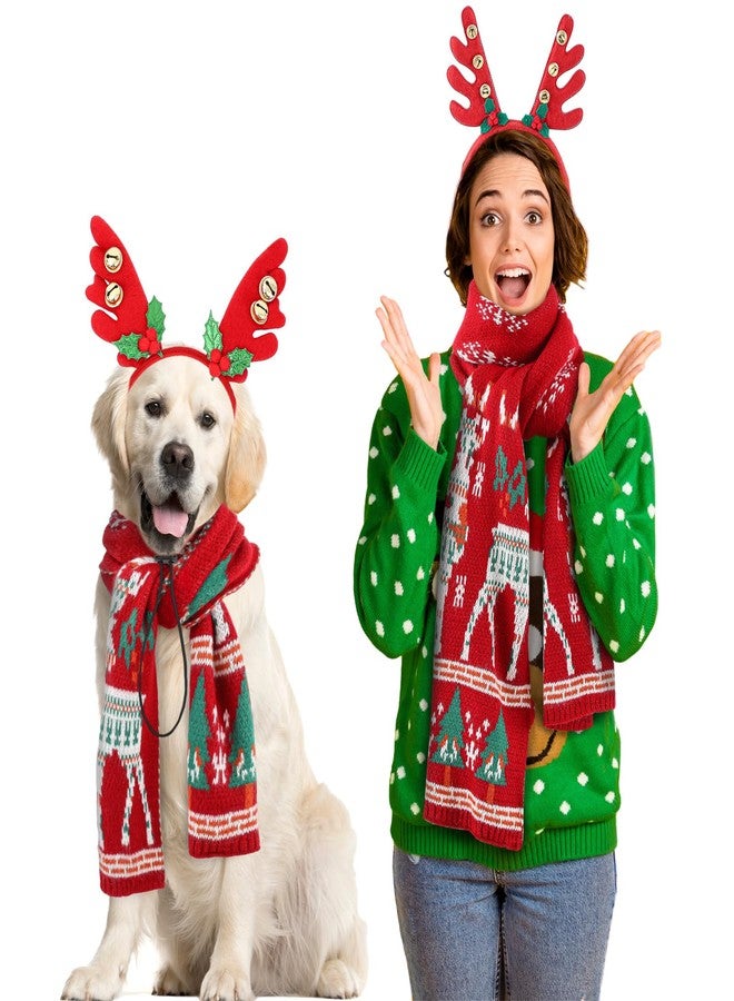 Cozypower 4 Pcs Matching Dog and Owner Christmas Clothes Outfits Dog Reindeer Elk Antlers Headband and Owner Matching Bandanas Scarf Costumes for Small Medium Large - Image 1